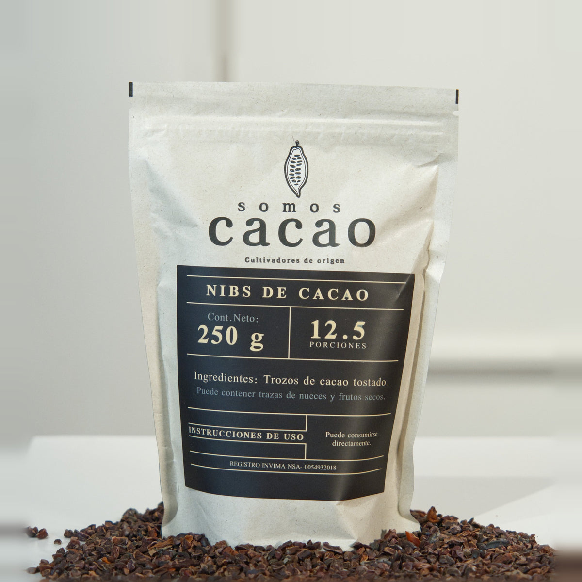 Nibs de Cacao Tostado 100% · 250 g - bolsa y nibs