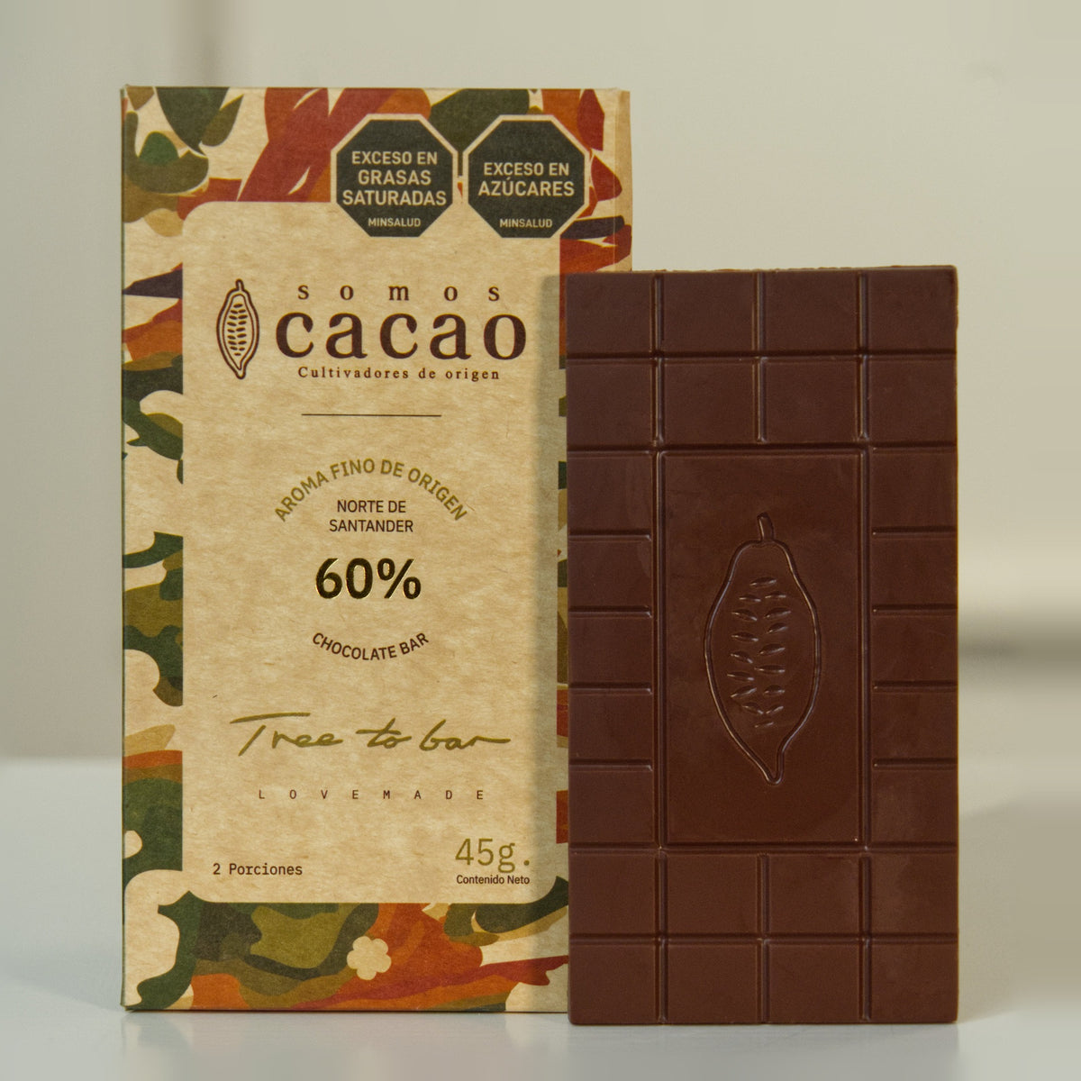 Tableta de Chocolate 60% Cacao · 45 g - empaque y tableta