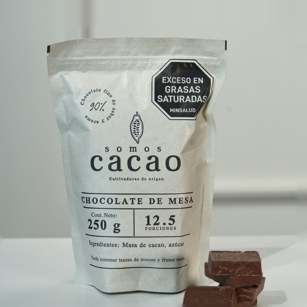 Chocolate de Mesa 90% Cacao · 250 g - bolsa y chocolate