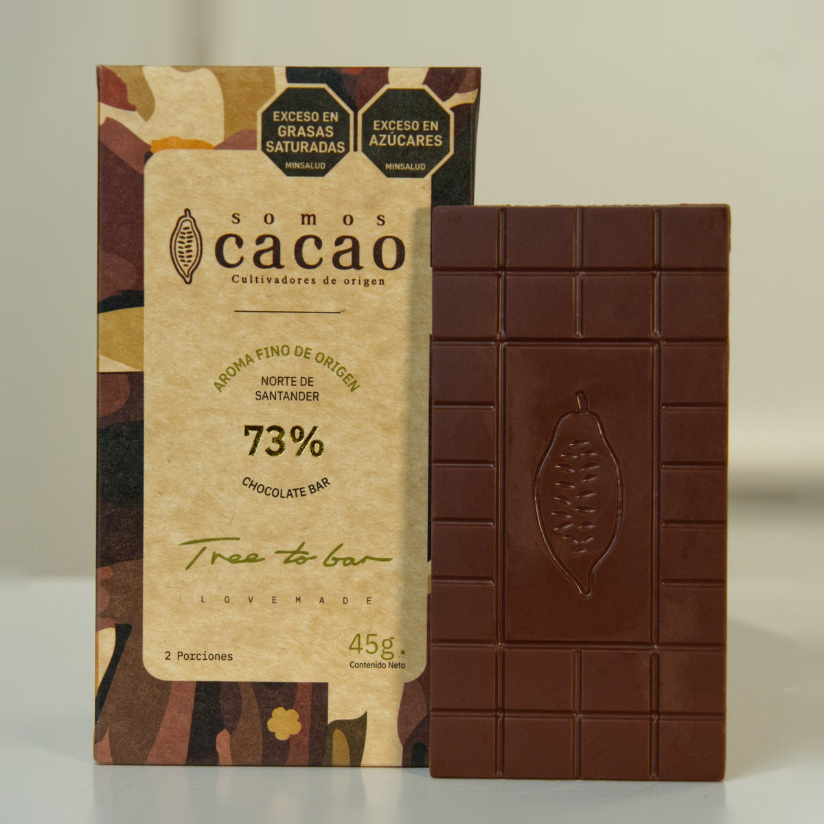 Tableta de Chocolate 73% Cacao · 45 g - empaque y tableta