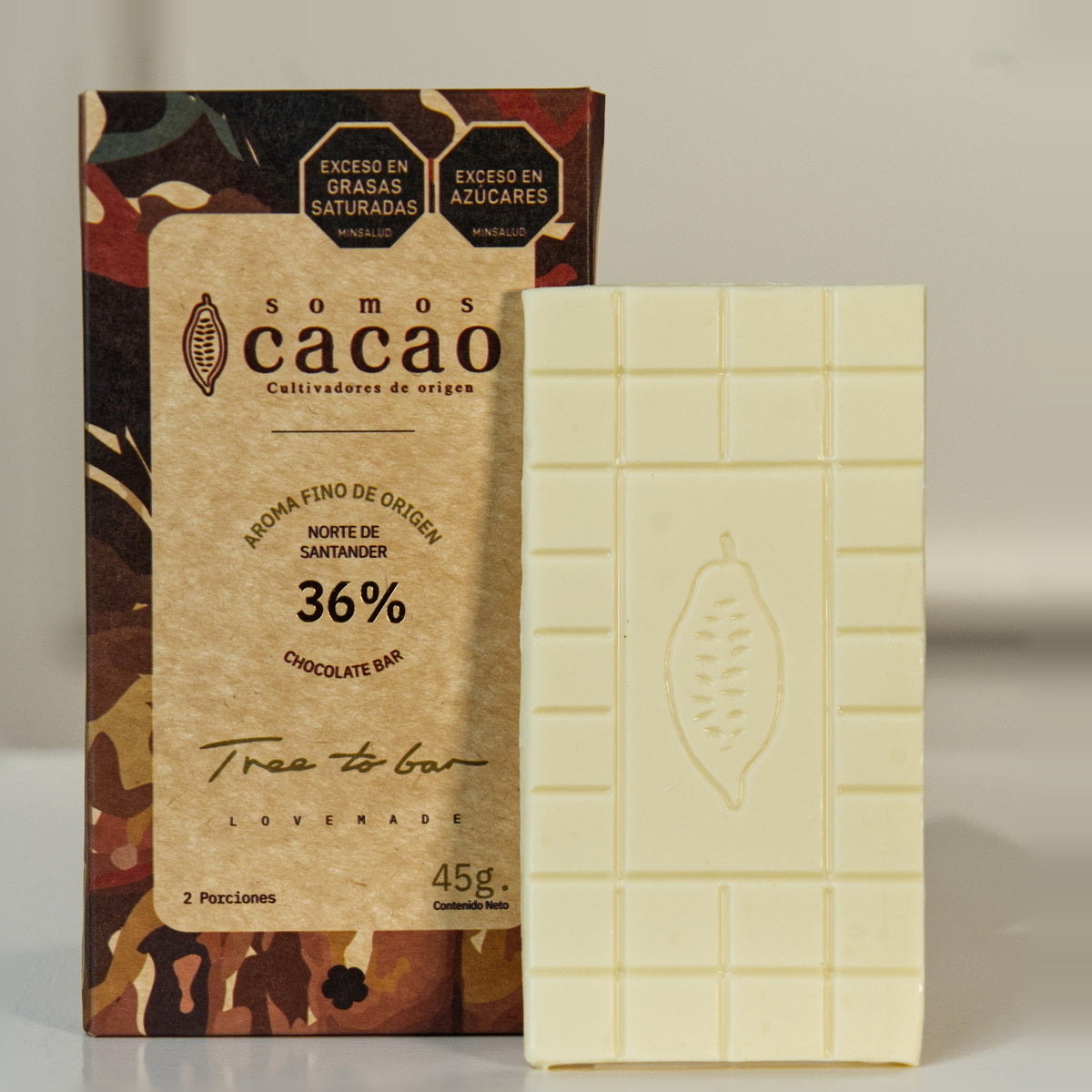 Tableta de Chocolate Blanco 36% Cacao · 45 g - empaque y tableta